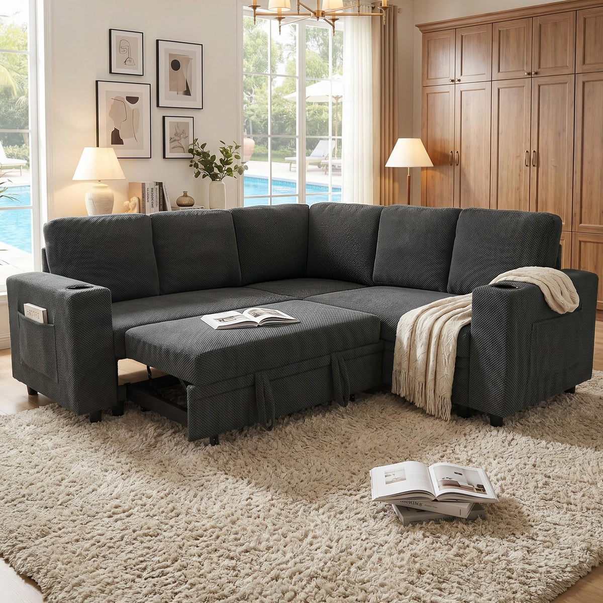 118" Oversized Sleeper Sofa with Pull Out Bed, Chenille L Shaped Convertible Sectional Sleeper Couch with Nailhead Trim & Rolled Arm, 6-Seater Couches for Living Room, Blue