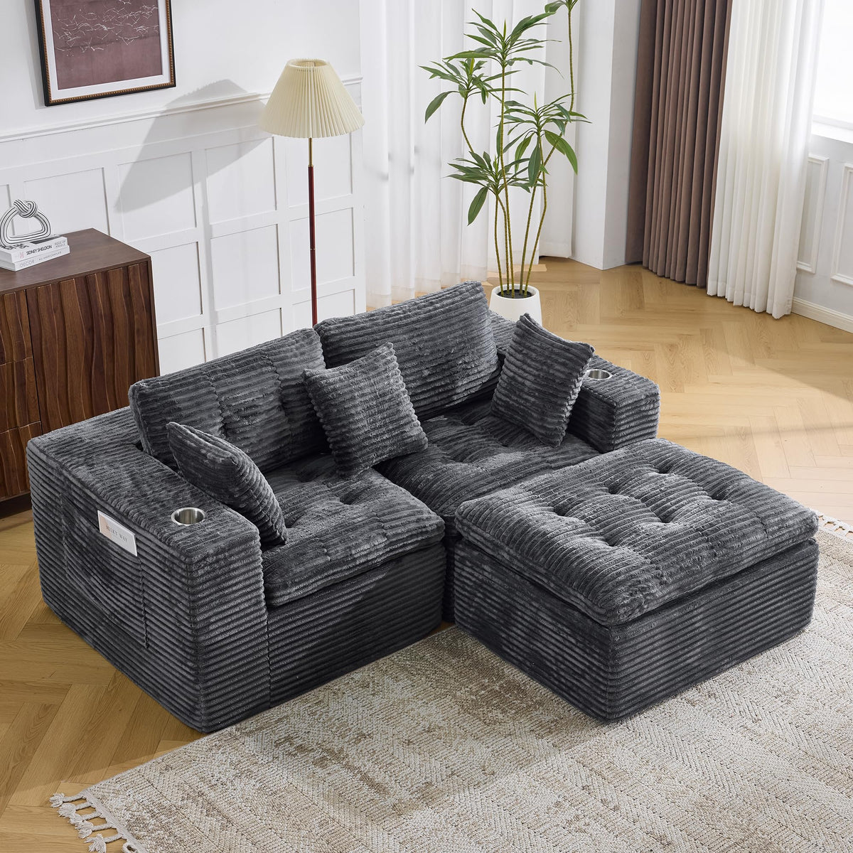108.08" Boneless Sectional Couch, Modern U Shaped Modular Sectional Sofa Corduroy Upholstered for Living Room Oversized Deep Seat Cloud Couch with 2 Ottoman, No Assembly, Black
