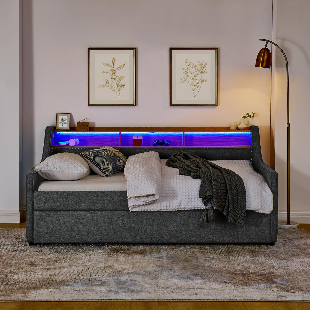 Twin Size Upholstery Sofa Bed with Three LED Lights, with Storage Adjustable Headboard, with Foldable Leg Pull up Trundle Bed and Wireless Charging, Linen Padded Sofa Bed Frame, Grey