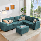 107" Modular Sectional Sleeper Sofa with Pull Out Bed, 7 Seat U Shaped Couch with Storage Ottoman, USB Port & 6 Pillows, Sectional Couches for Living Room & Apartment, Modular Cloud Couch, Green