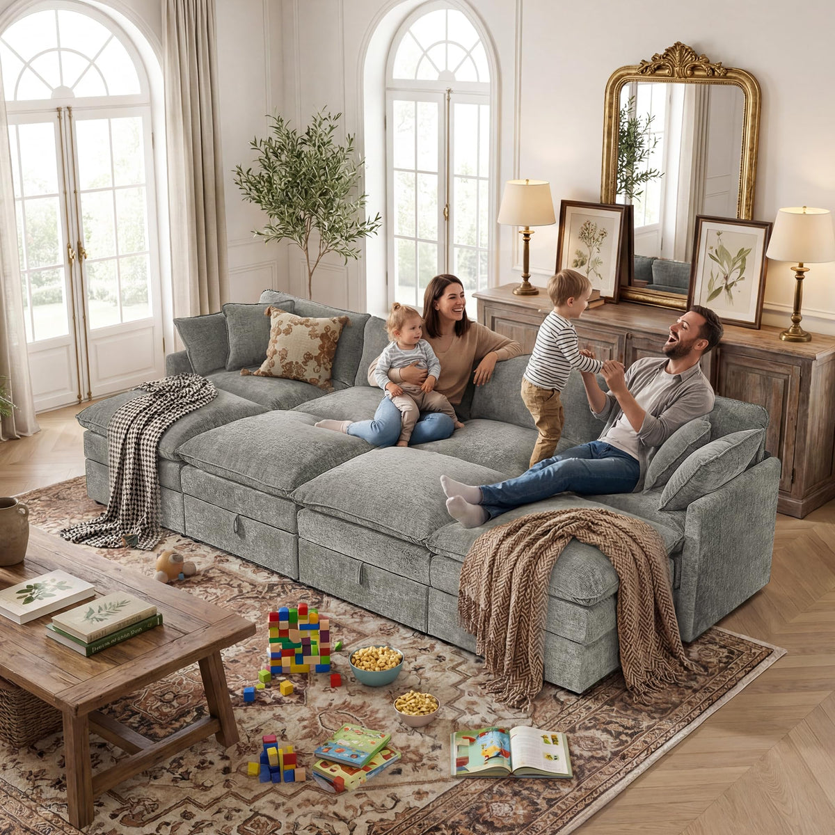 WorthFurni Modular Sectional Sofa Bed with Storage Ottomans,135" Cloud Couch,6-Seater Comfy Modern Couches with Pillows & Upholstered Deep Seat Cushion for Apartment Living Room Bedroom（Gray）