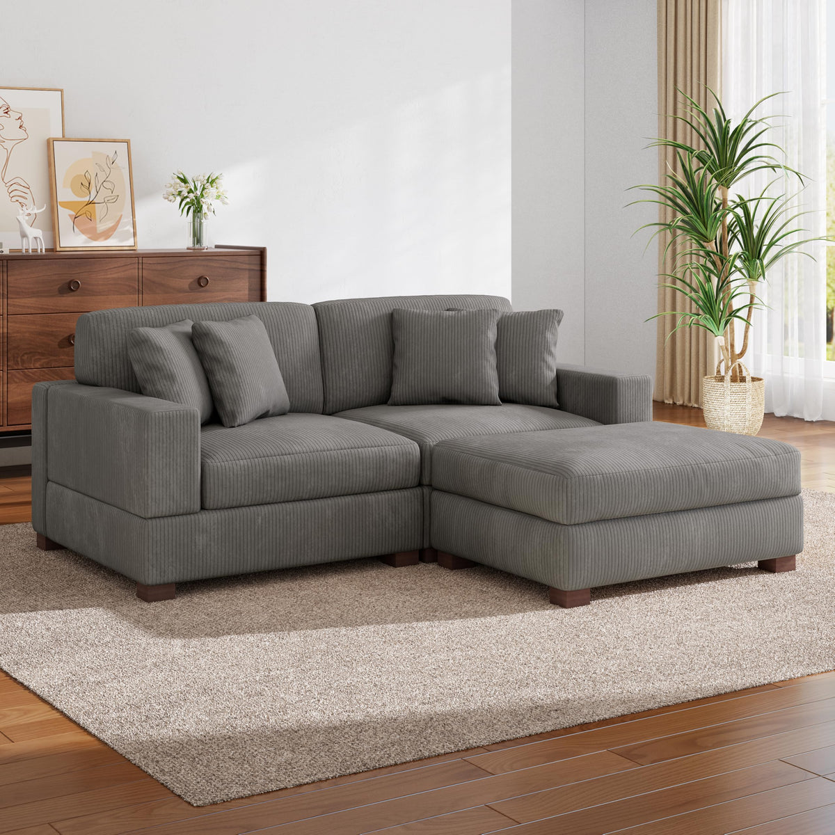 118.3" L-Shaped Modular Sectional Sofa with Chaise, Comfy Corduroy Fluffy Couch with Deep Seat, Flexible Module Combination for Living Room, Cotton Flannel Light Brown