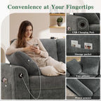 WorthFurni 104" Oversized 6 Seat L Shaped Sectional Sofa, Corduroy Convertible Couch with Pull Out Bed, Movable Storage Ottoman, USB Port, 2 Pillows & Storage Pocket for Living Room（Gray）