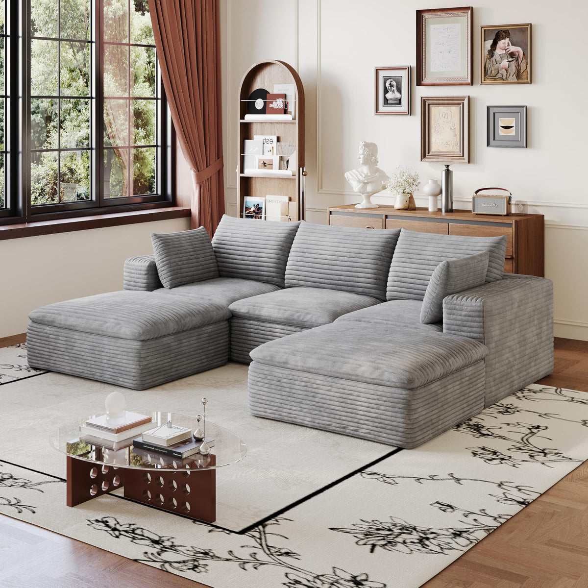 102" Oversized Boneless Modular Sectional Sofa Cloud Couch with 3 Ottomans Convertible Sleeper Sofa Bed for Living Room - No Assembly Floor Compression Sofa with Memory Foam and Deep Seat