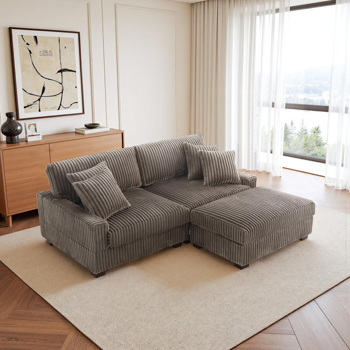 118.3" L-Shaped Modular Sectional Sofa with Chaise, Comfy Corduroy Fluffy Couch with Deep Seat, Flexible Module Combination for Living Room, Cotton Flannel Light Brown