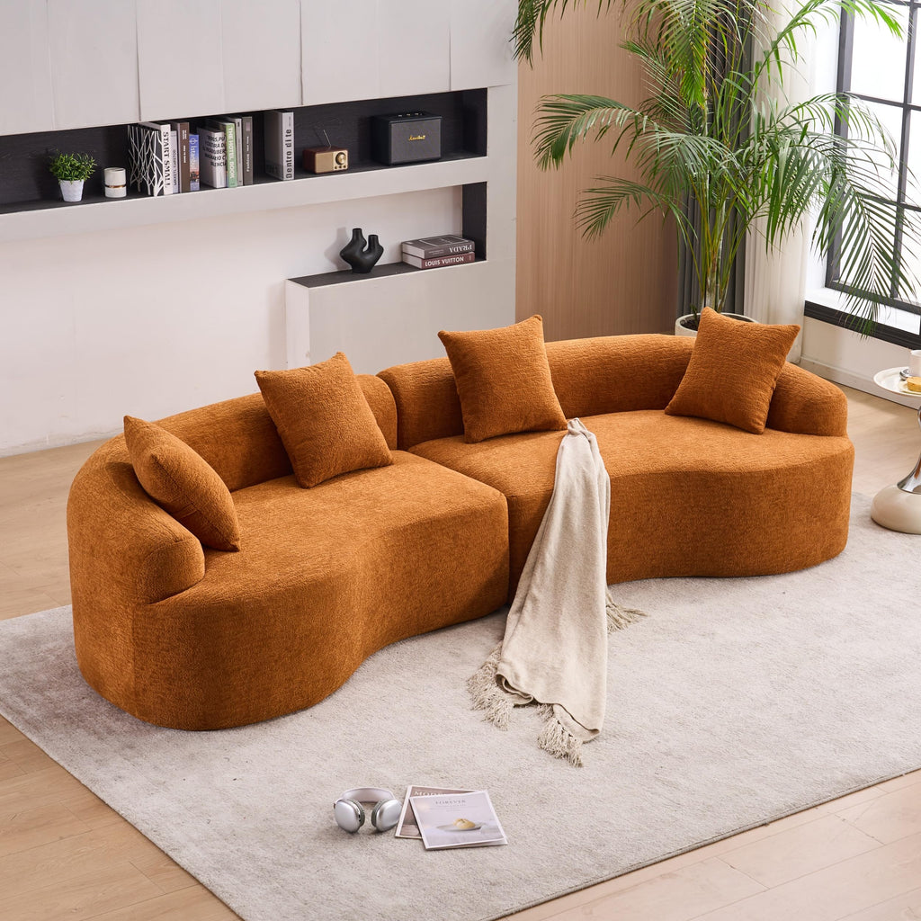 WILLIAMSPACE 132" Oversize Curved Sofa Couch for Living Room, Modern Luxury 2 Pieces Upholstered Cloud Sofa Curved Couch with Half Moon Design, Velvet 6 Seater Sofa for Apartment, No Assembly, Orange