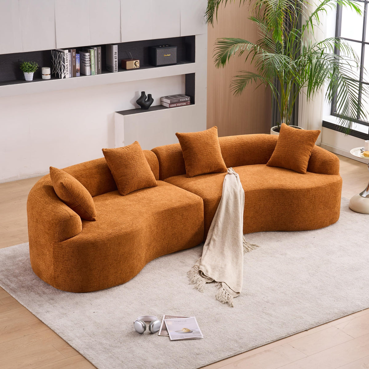 WILLIAMSPACE 132" Oversize Curved Sofa Couch for Living Room, Modern Luxury 2 Pieces Upholstered Cloud Sofa Curved Couch with Half Moon Design, Velvet 6 Seater Sofa for Apartment, No Assembly, Orange