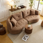 110.24'' Modern Moon Curve Couch with 4 Removable Throw Pillows,Durable Fabric Sectional Sofa with Solid Wood Frame,High Density Sponge, Easy Assembly,Camel