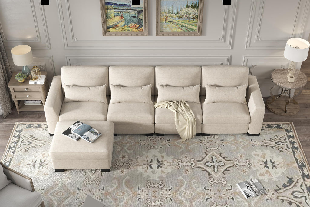 130" Beige Modular L Shaped Sofa with Storage Ottoman Spring Pack Cushion, Solid Wood Frame, Combination Design PU889