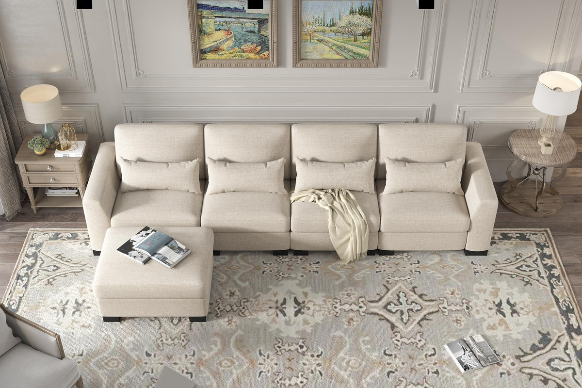 130" Beige Modular L Shaped Sofa with Storage Ottoman Spring Pack Cushion, Solid Wood Frame, Combination Design PU889