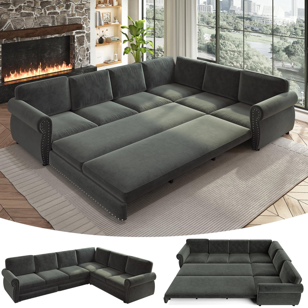 118" Oversized Sleeper Sofa with Pull Out Bed, Chenille L Shaped Convertible Sectional Sleeper Couch with Nailhead Trim & Rolled Arm, 6-Seater Couches for Living Room, Blue