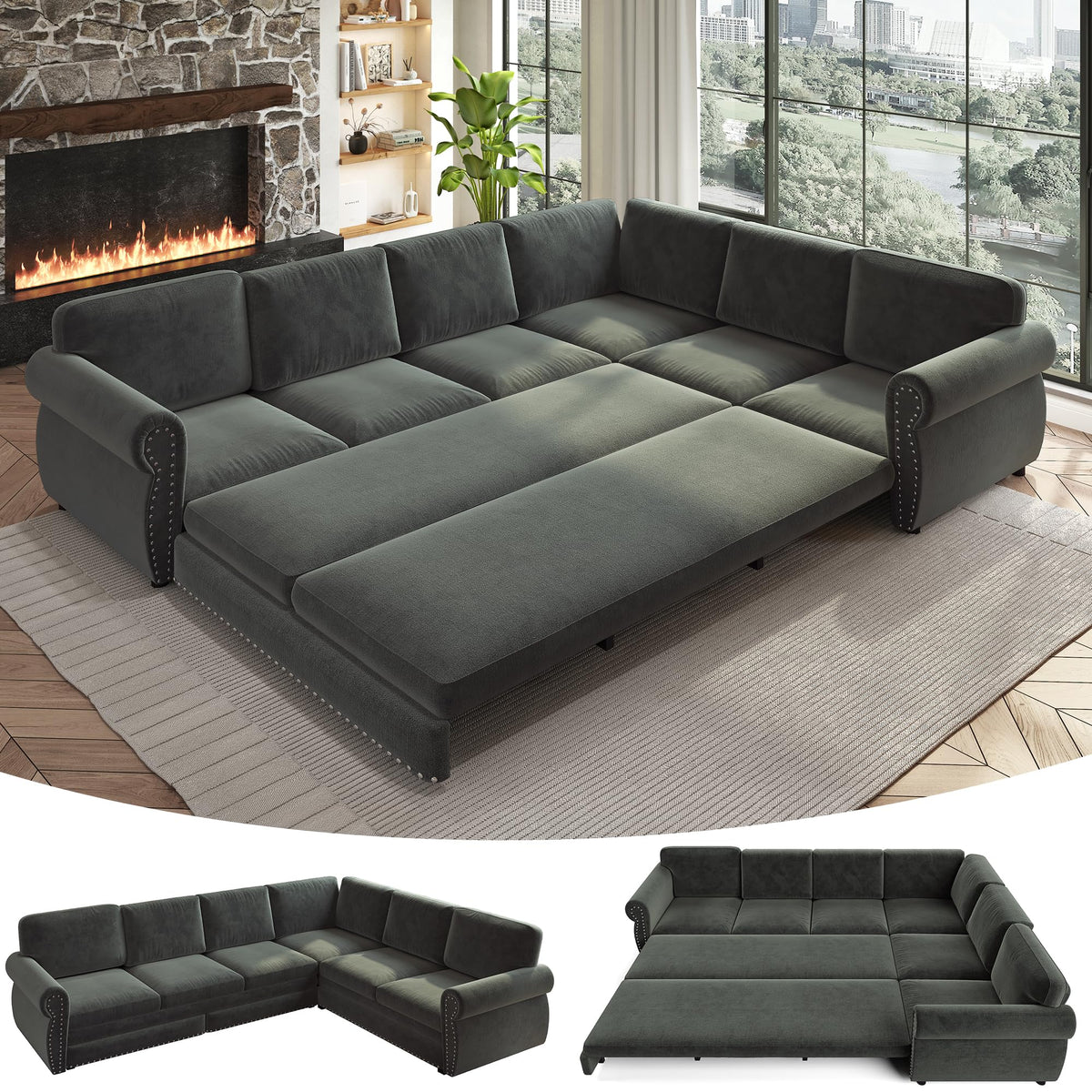 118" Oversized Sleeper Sofa with Pull Out Bed, Chenille L Shaped Convertible Sectional Sleeper Couch with Nailhead Trim & Rolled Arm, 6-Seater Couches for Living Room, Blue