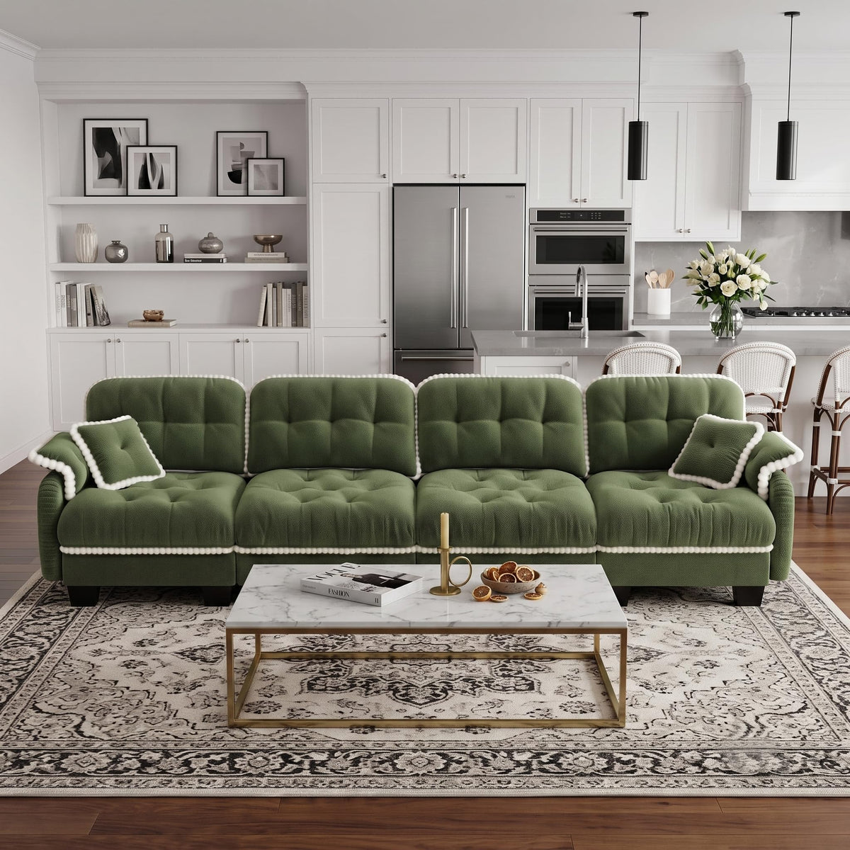 100.7" Chenille Cloud 3-Seater Sofa, Tufted Deep Seat Couch with Pom-Pom Trim & 4 Pillows, Ergonomic Easy Assembly Modular Sofa for Living Room & Apartment（Green ）
