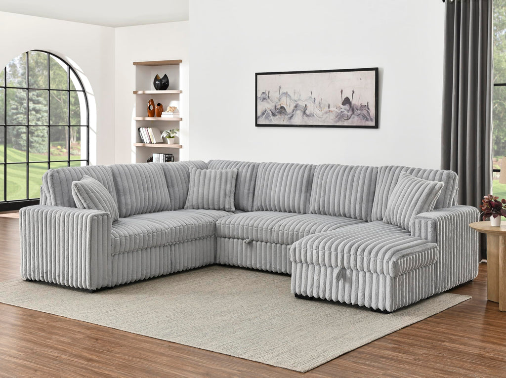 122 Inch Pull Out Couch, Rabbit Plush Fabric Sofa Bed with USB Ports, Oversized U Shape Sectional Sleeper Sofa Bed with Storage Chaise, Grey