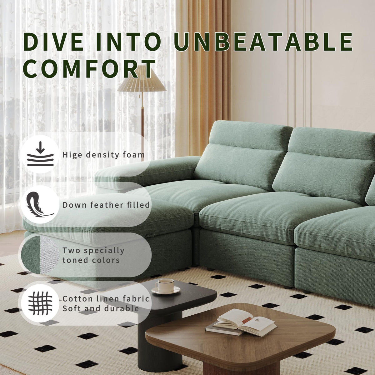 This Simple Modular Sofa is Made of Down and Linen, with a backrest That can be Adjusted Backward. It is Soft and Comfortable, has Storage Space, and is Suitable for Both Living Rooms and bedrooms