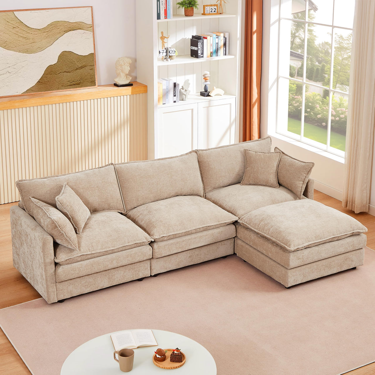 106" U-Shape Modular Sofa w/Ottoman, 4-Seater Chenille Cloud Couch, Coffee