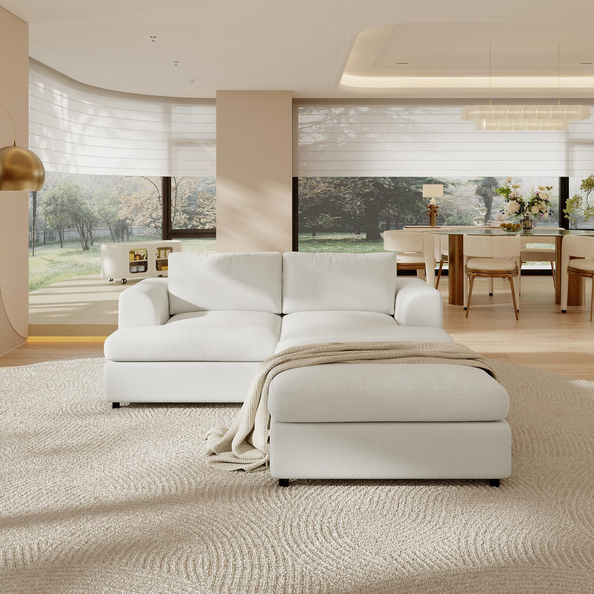 118" V Shape Sectional Sofa Couch, Modern Modular Boucle Cloud Couch with Flexible Layout, Oversized Comfy Upholstered Modular 5-Seats Sectional Couch, White