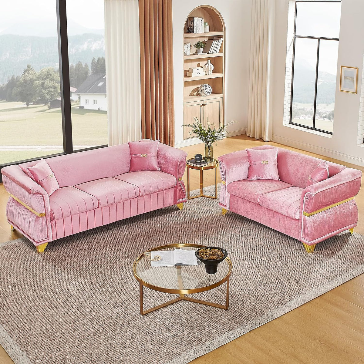 WinJoy 2 Piece Set Modern Velvet Three Seater and Two Seater Sofa Upholstered Luxury Couch with 4 Pillows Gold Metal Trim Tapered Gold Legs & Curved Armrests for Living Room Beige