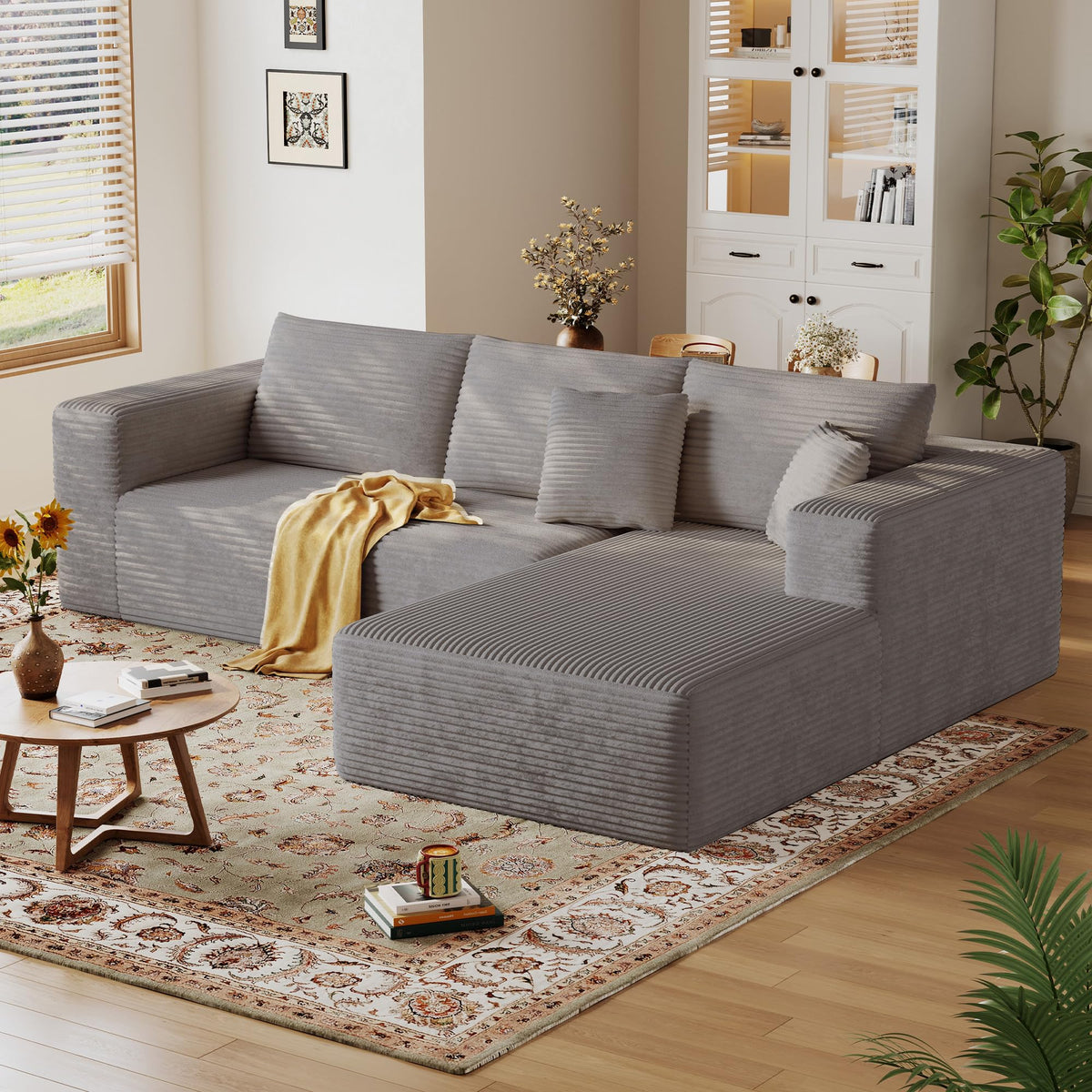 108'' Sectional Boneless Couches for Living Room,Cloud Sectional Couch with L-Shape Chaise,Modern Corduroy Modular Sofa with Deep Seat,No Assembly Required(Left Facing Chaise,Camel)