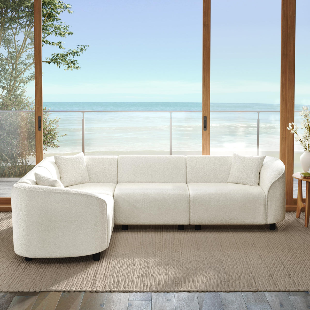Tidyard 10? L-Shaped Curved Modern Sofa in Beige - Plush 4-Seater with Sculptural Design & Soft Bouclé Fabric for Large Living Rooms
