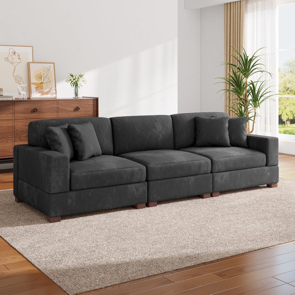 118.3" L-Shaped Modular Sectional Sofa with Chaise, Comfy Corduroy Fluffy Couch with Deep Seat, Flexible Module Combination for Living Room, Cotton Flannel Light Brown