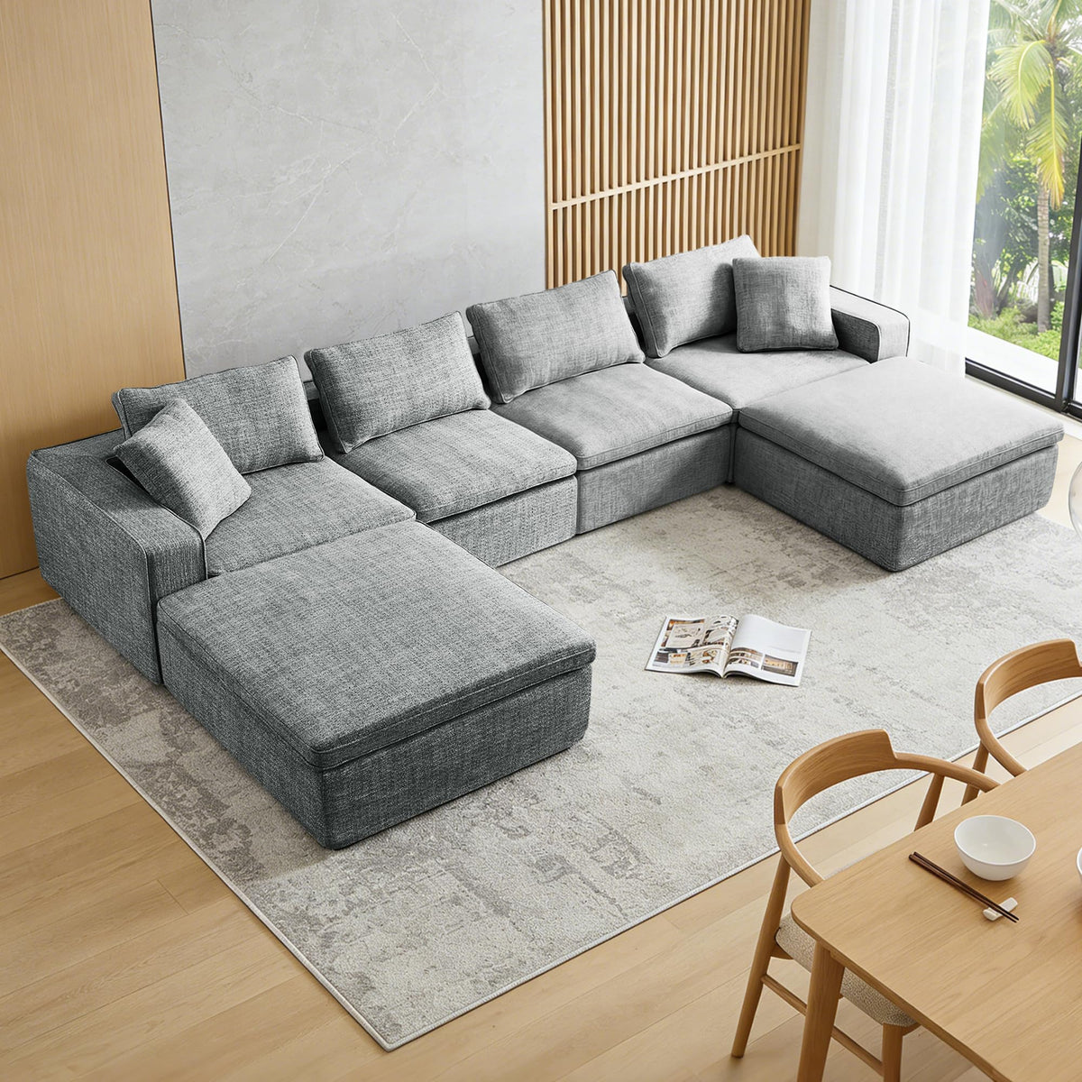 131" Cloud Modular Sofa, Oversized Sectional Couch with Washable Linen Fabric Covers, Large L-Shaped Deep Seat Sofa with Ottoman,7 Seater Down Filled Convertible Furniture for Living Room (Beige)