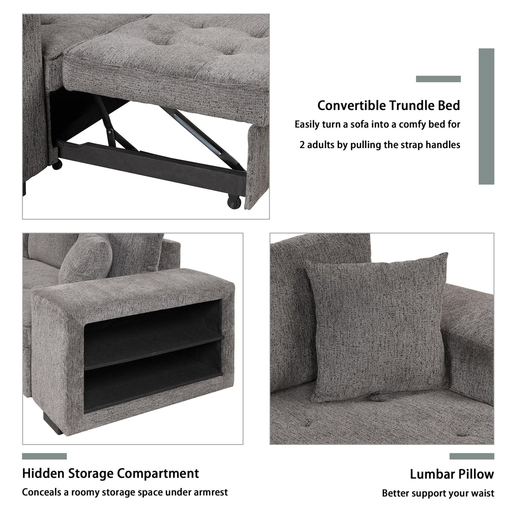 104.5 inch Reversible Sleeper Sectional Sofa with Pull Out Bed , Convertible L Shaped Sectional Couch with Storage Chaise and 2 Stools , Tufted Upholstered Pullout Sofa Bed for Living Room Apartment