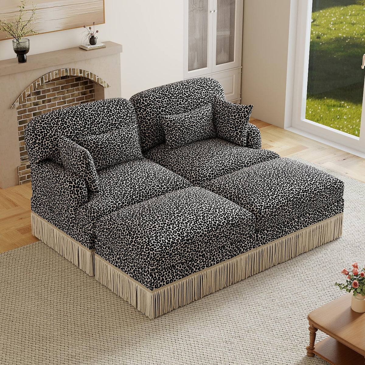 100" Leopard Print Chenille Modular Sectional Sofa with Tassels, L-Shaped Deep Seat Cloud Couch with Ottomans for Living Room, BGE-KHK