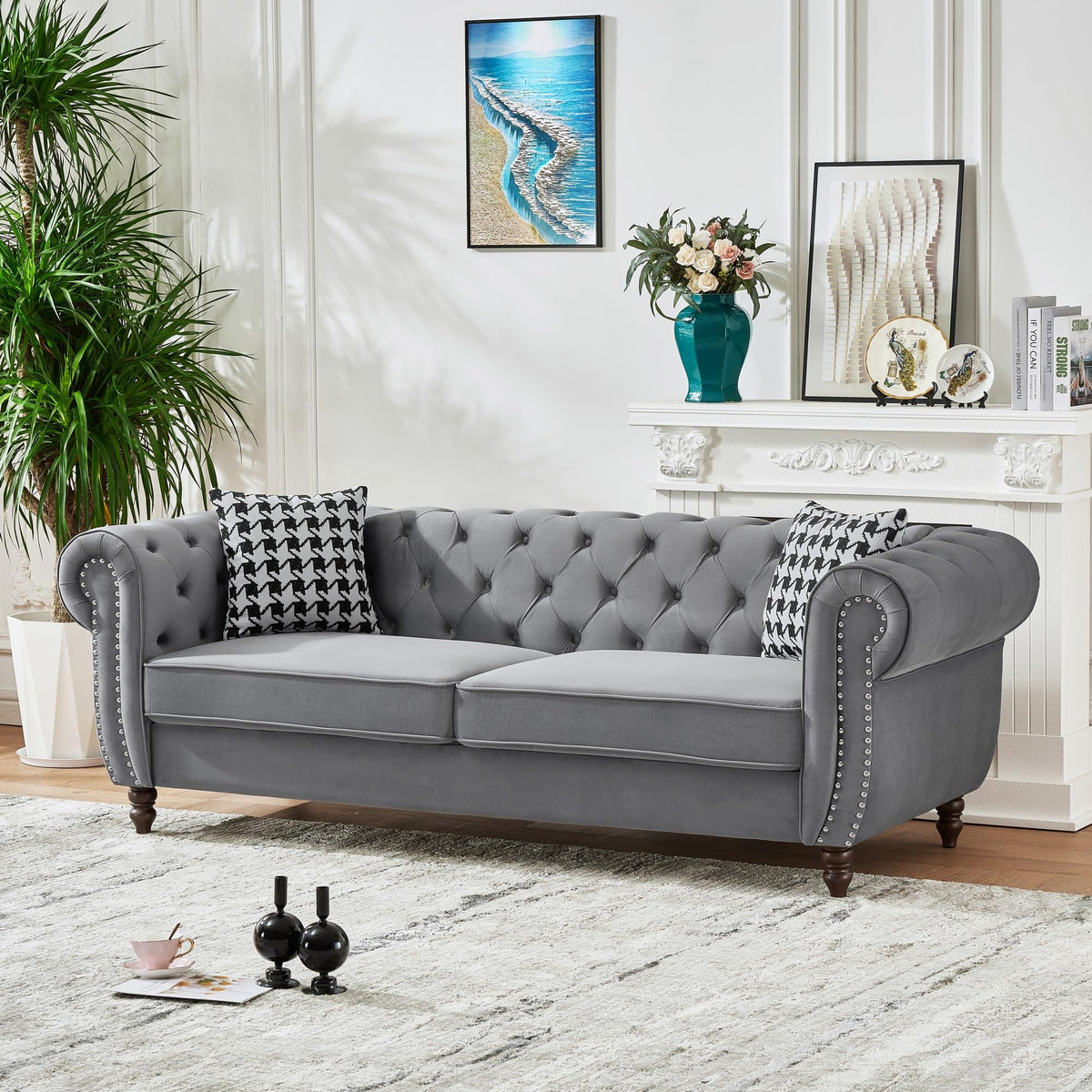 Tidyard 3-Seater Velvet Sofa with Roll Arms & Nailhead Trim, Mid Century Modern Couch for Living Room, Office, Grey