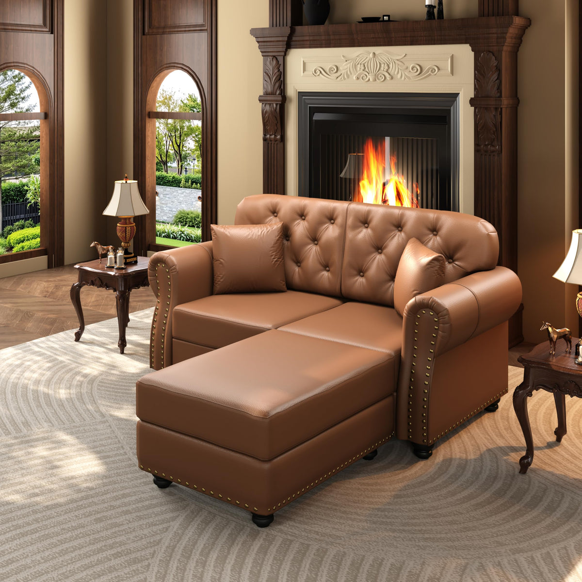 Velvet Chesterfield Sofa with Rolled Arms & Nailhead Trim, Modular Sectional Sofa Couches, Modern Cloud Sofa with Button Tufted, for Living Room, Bedroom, Small Space