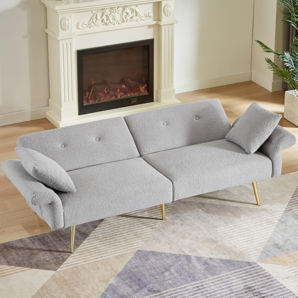 Upholstered Accent Loveseat Sofa with Side Pocket,Folding Sleeper Sofa Bed with Foldable Armrest, Adjustable Backrest and Golden Metal Legs for Living Room,Grey