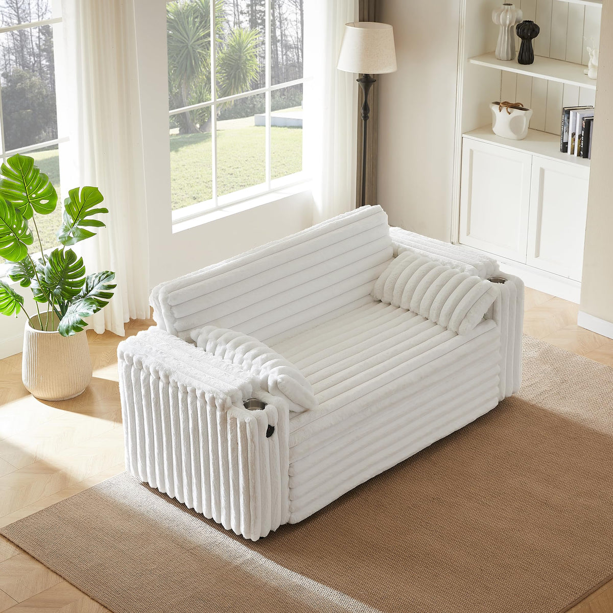 White Corduroy Sofa Bed with Pull Out Bed