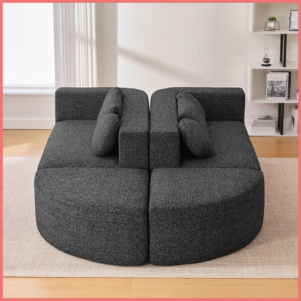 114.9" Modular Sectional Sofa with 4 Round Throw Pillows and 2 Bolster-Style Cushions Free-Combined Curved Design Boneless Bed Couch with Deep Seating for Living Room, Black