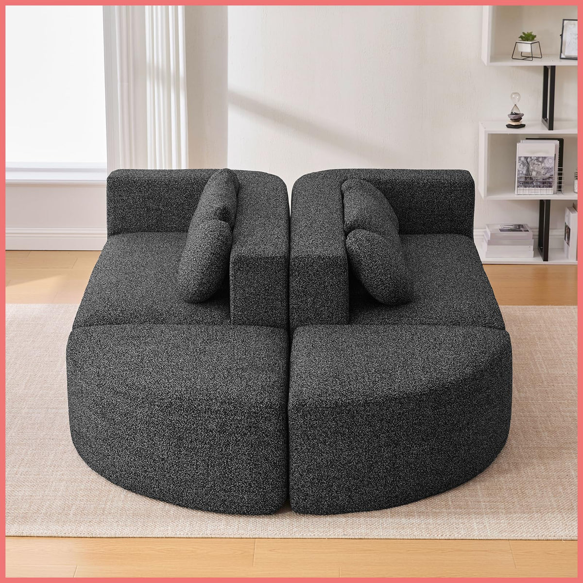 114.9" Modular Sectional Sofa with 4 Round Throw Pillows and 2 Bolster-Style Cushions Free-Combined Curved Design Boneless Bed Couch with Deep Seating for Living Room, Black