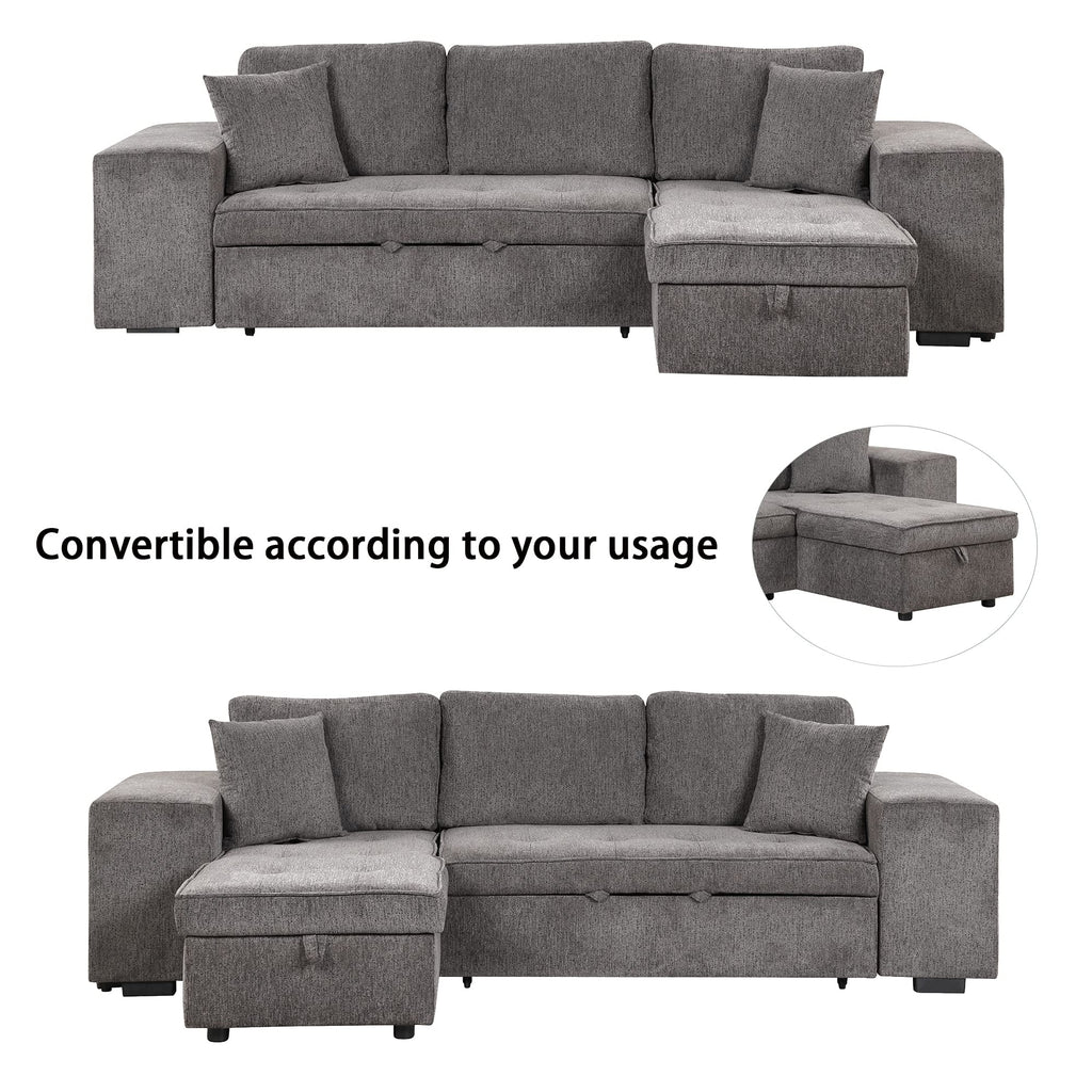 104.5 inch Reversible Sleeper Sectional Sofa with Pull Out Bed , Convertible L Shaped Sectional Couch with Storage Chaise and 2 Stools , Tufted Upholstered Pullout Sofa Bed for Living Room Apartment