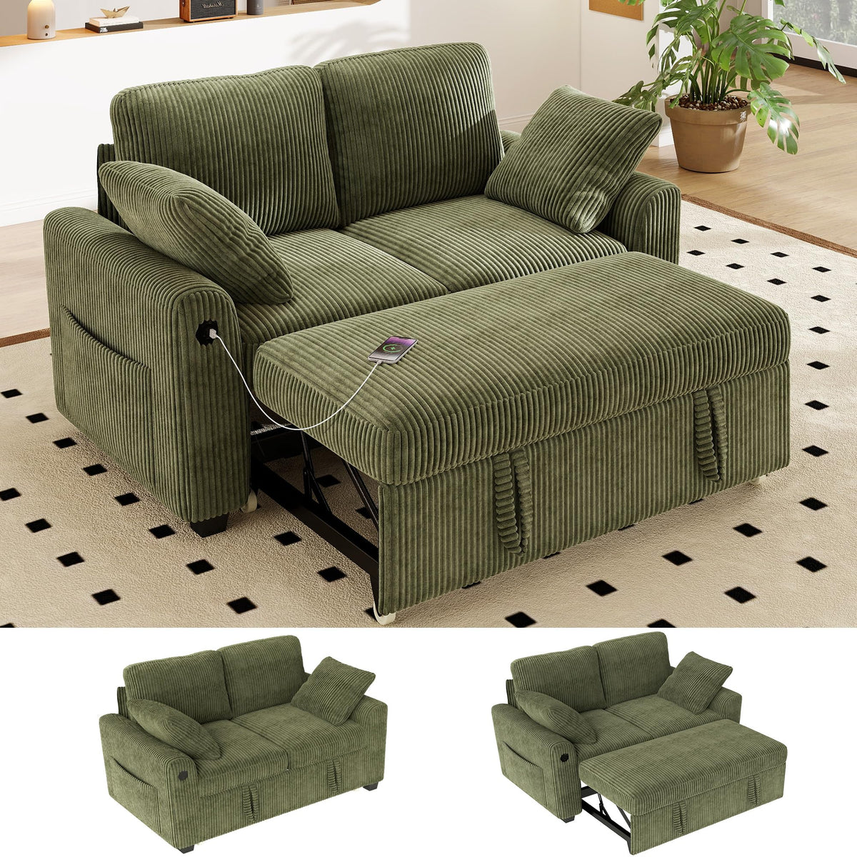 WorthFurni 104" Oversized 6 Seat L Shaped Sectional Sofa, Corduroy Convertible Couch with Pull Out Bed, Movable Storage Ottoman, USB Port, 2 Pillows & Storage Pocket for Living Room（Gray）