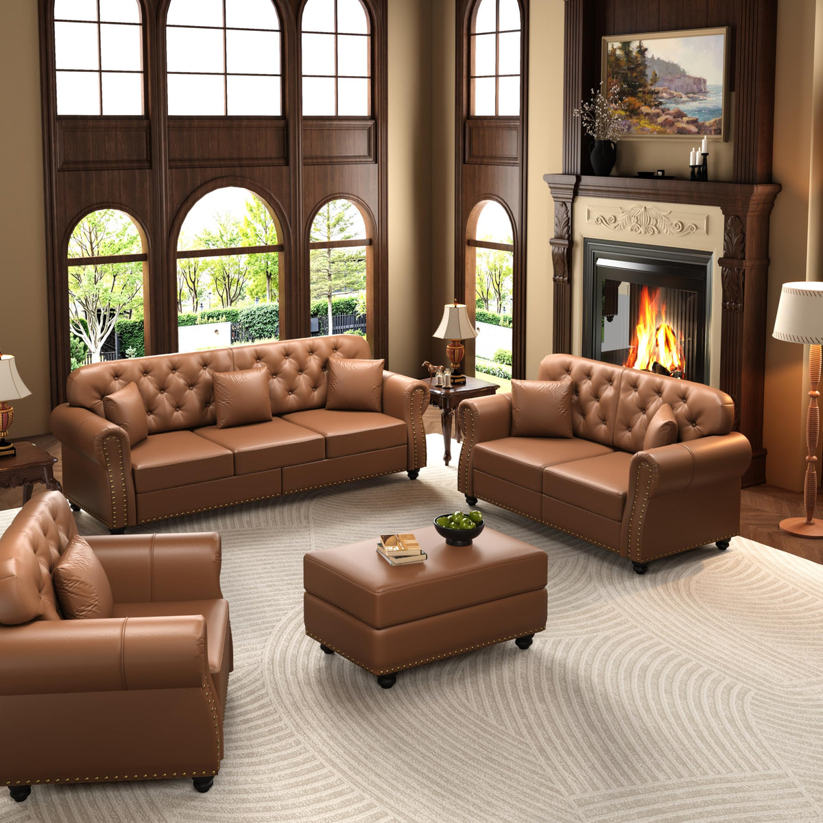 Velvet Chesterfield Sofa with Rolled Arms & Nailhead Trim, Modular Sectional Sofa Couches, Modern Cloud Sofa with Button Tufted, for Living Room, Bedroom, Small Space