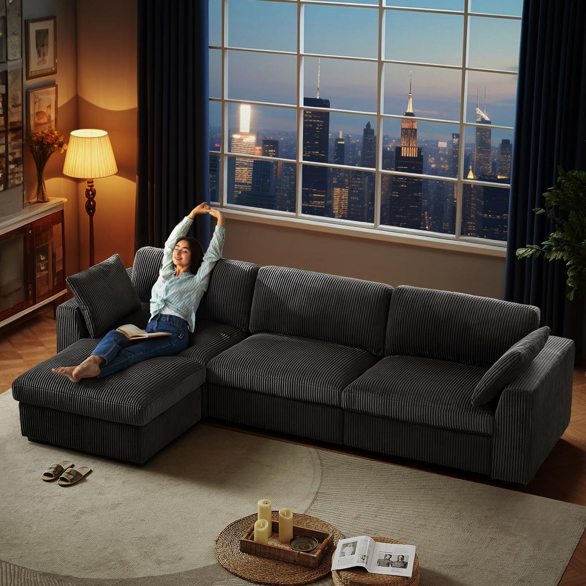 130" Sectional Couches for Living Room Boneless Couch Upholstered Cloud Couch Sectional Modular Sectional Sofa with L Shaped (Dark Grey, 3 Seat+1 Ottoman)