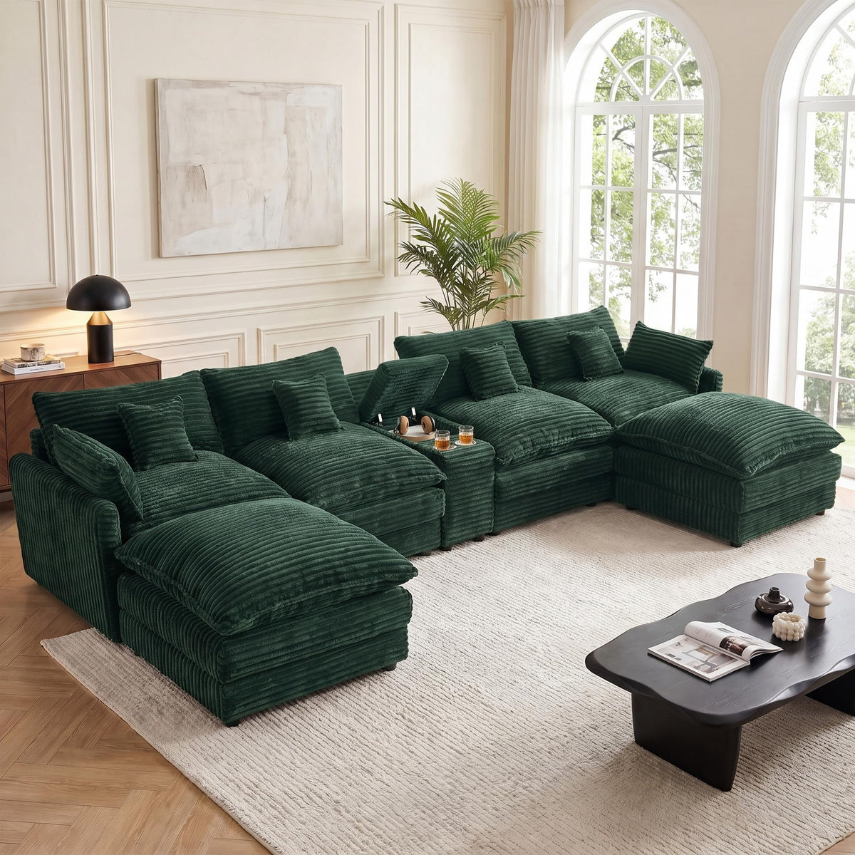 127" U-Shaped Boneless Sofa with Center Console for Living Room, Brown