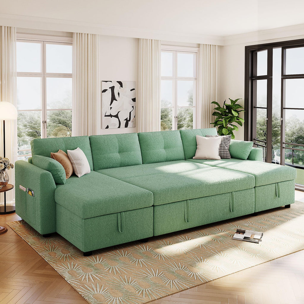107" U-Shaped Pull-Out Couch Sectional Sofa Bed with USB Charging, Green