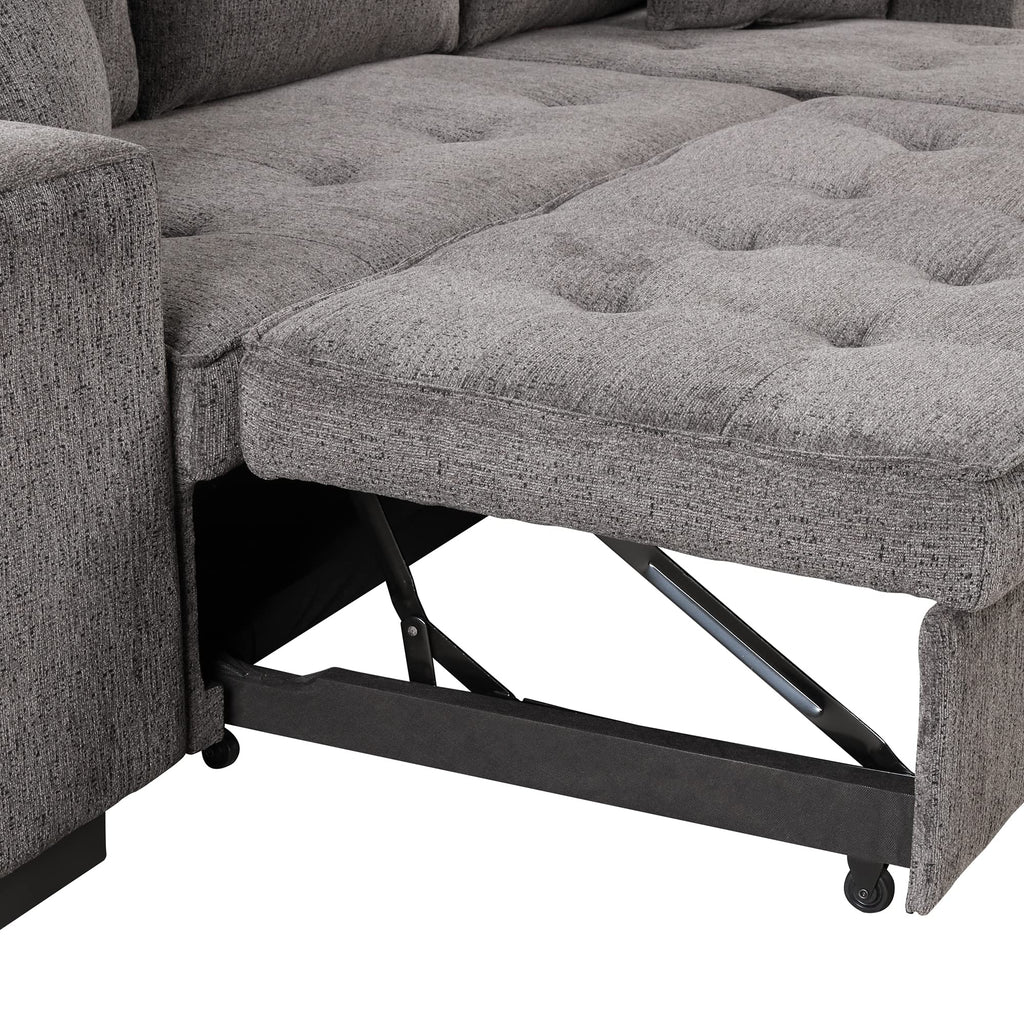 104.5 inch Reversible Sleeper Sectional Sofa with Pull Out Bed , Convertible L Shaped Sectional Couch with Storage Chaise and 2 Stools , Tufted Upholstered Pullout Sofa Bed for Living Room Apartment