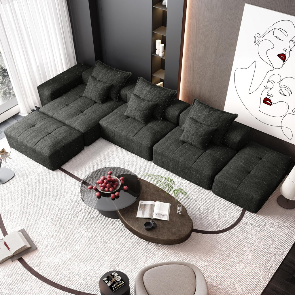 Tidyard Modern Sofa with 6 Pillows, Sparkling Chenille Fabric, No Assembly Required, Black