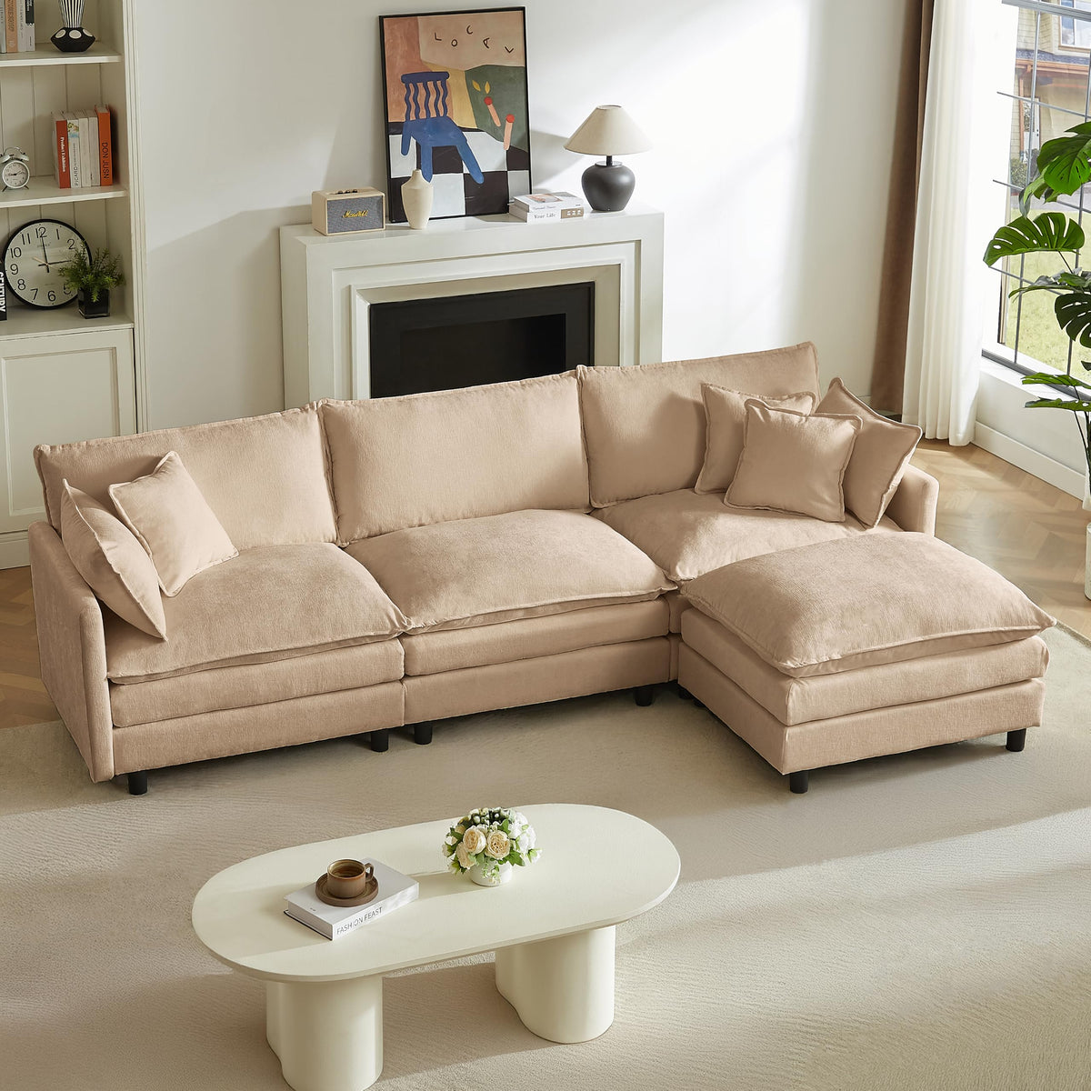 110 in L-Shaped Modular Sectional Sofa, 3-Seater Chenille Upholstery Coffee