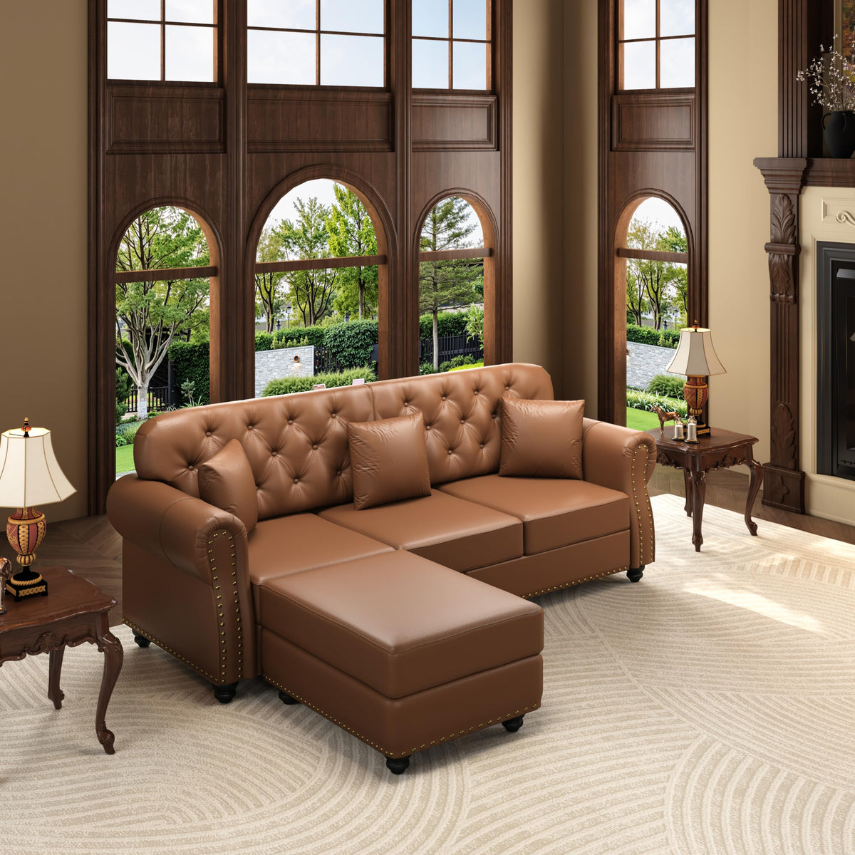 Velvet Chesterfield Sofa with Rolled Arms & Nailhead Trim, Modular Sectional Sofa Couches, Modern Cloud Sofa with Button Tufted, for Living Room, Bedroom, Small Space