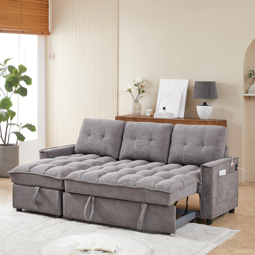 78.75" Reclining Sofa, Pull Out Sofa Bed with USB and Tape c Charging Ports, L Shaped Sectional Sofa with Reclining Storage and Arm Side Organizer Pocket Features, Living Room Comfort Sofa