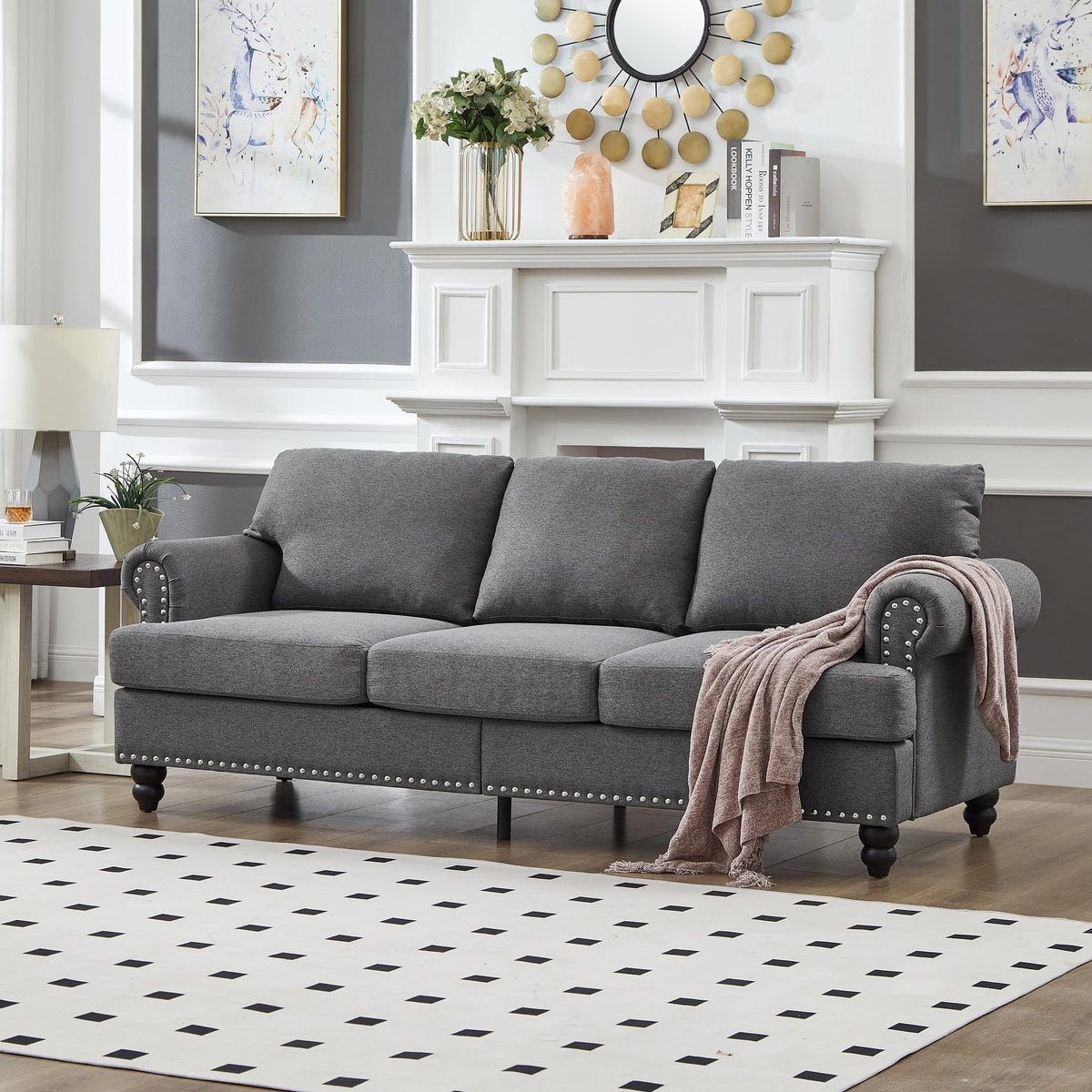 Tidyard 8? Modern Classic Fabric Sofa with Nailhead Trim, Grey Polyester Upholstered 3-Seater Couch for Living Room, Removable Cover, Storage Under Seat, Solid Wood Frame