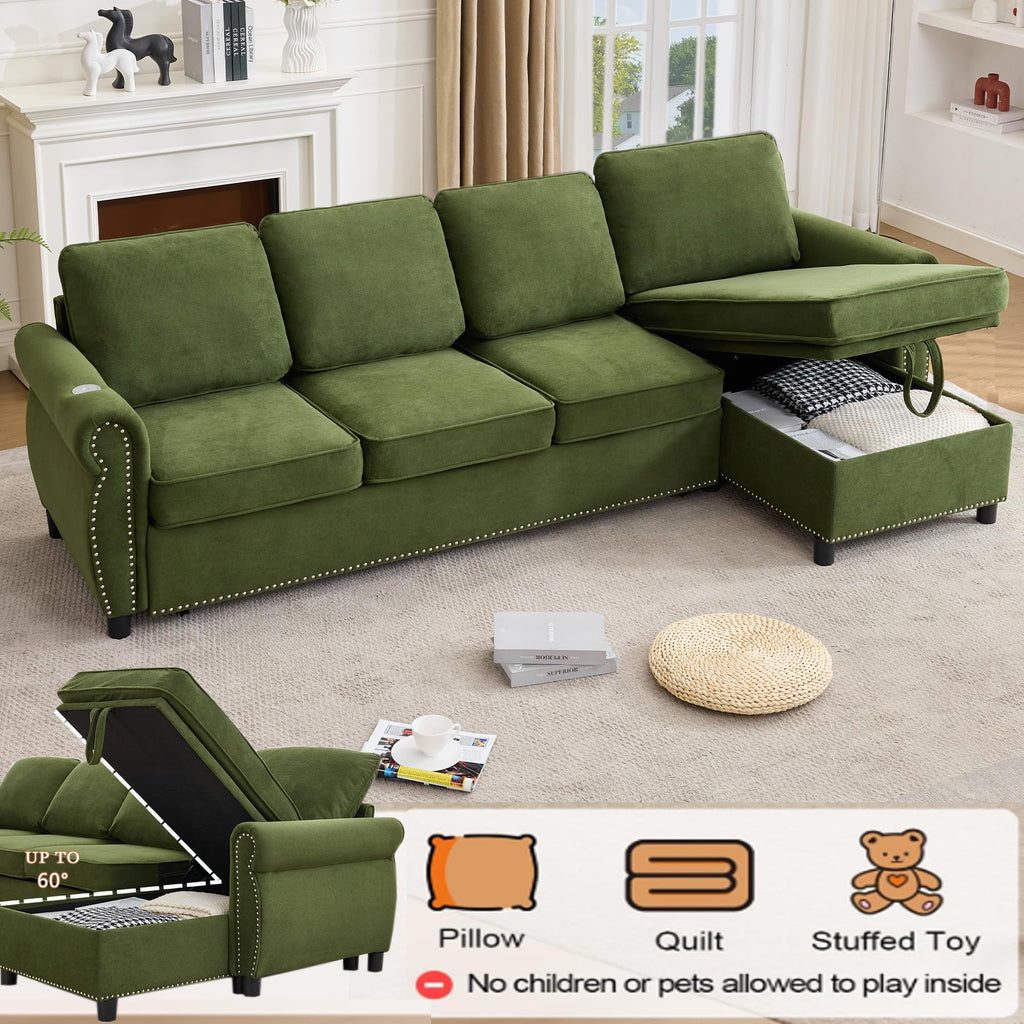 106.5" Pull Out Sofa Bed,L Shaped Modular 4 Seater Couch,2-in-1 Sofa Bed,Wireless Charging, USB Charging Ports,Memory Foam Mattress,Storage Space (Green)