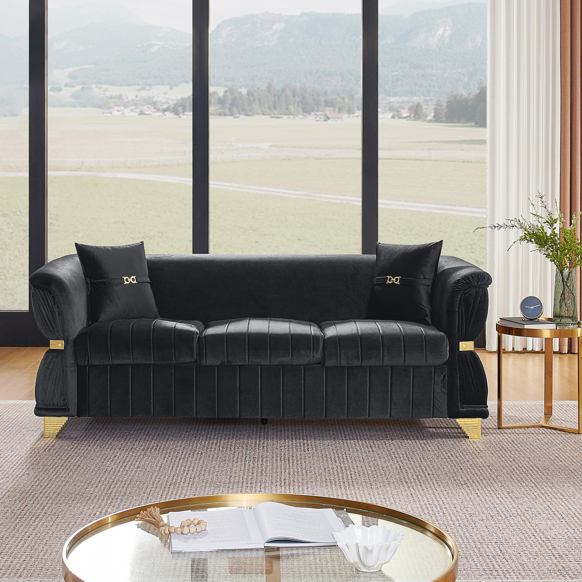 WinJoy 2 Piece Set Modern Velvet Three Seater and Two Seater Sofa Upholstered Luxury Couch with 4 Pillows Gold Metal Trim Tapered Gold Legs & Curved Armrests for Living Room Beige
