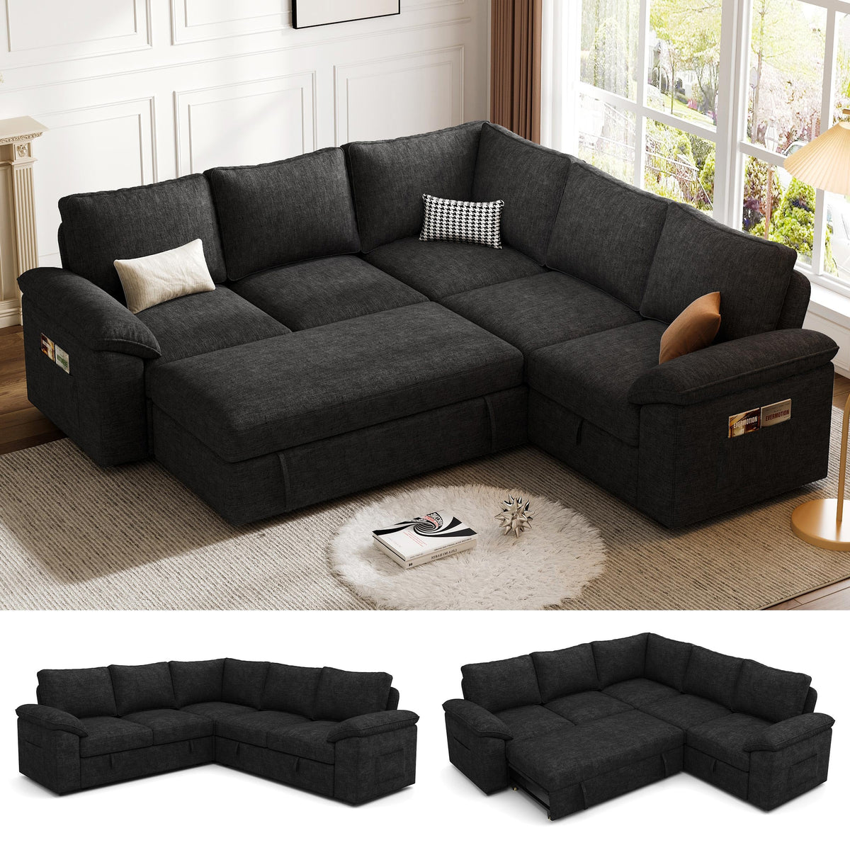 Weture 108" Modular U Shaped Sectional Sofa with Pull Out Sleeper Bed and Storage, 7 Seater Cloud Couch for Living Room, Light Grey