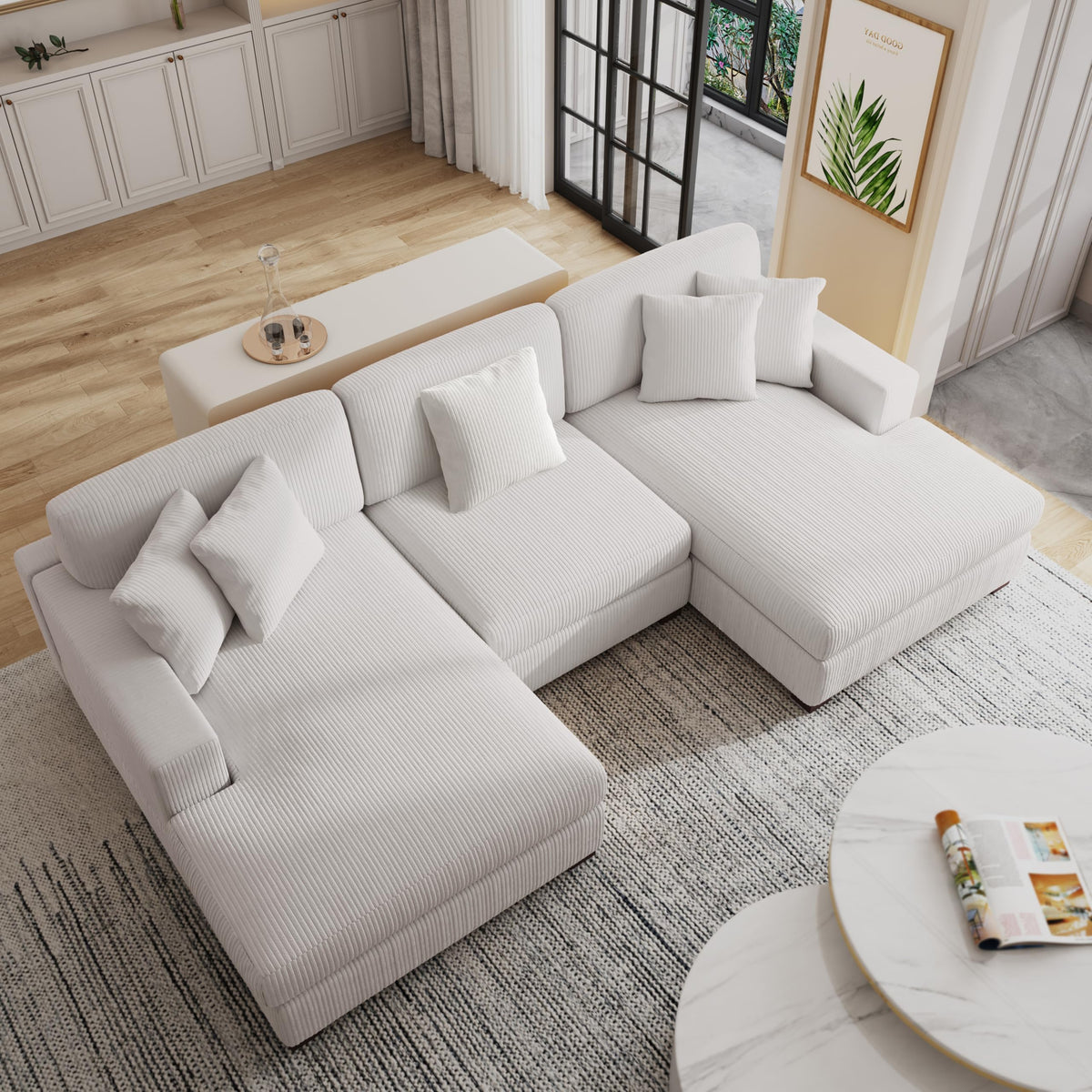 118.3" L-Shaped Modular Sectional Sofa with Chaise, Comfy Corduroy Fluffy Couch with Deep Seat, Flexible Module Combination for Living Room, Cotton Flannel Light Brown